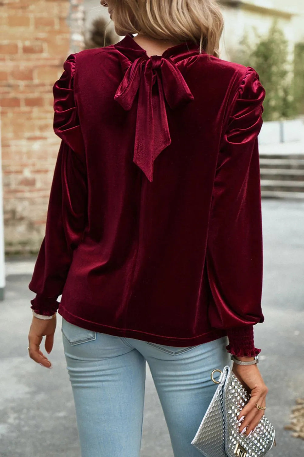 Tie Up Mock Neck Velvet Fabric Long Sleeve Blouse - Fashorio
