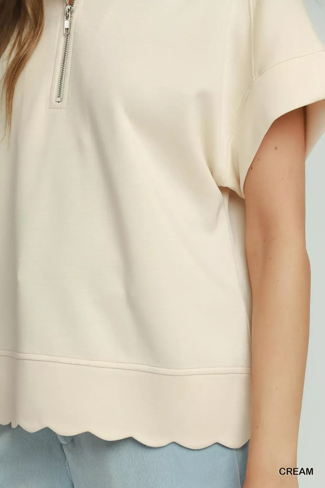 Cream Umgee half zip scalloped hem pullover side view