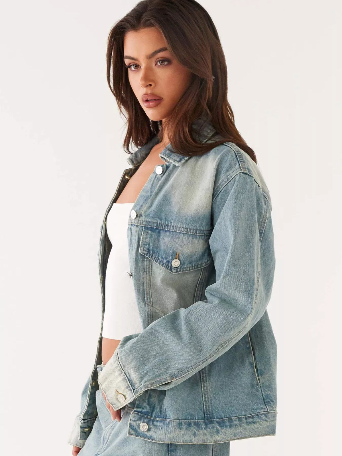 Button up denim set close up