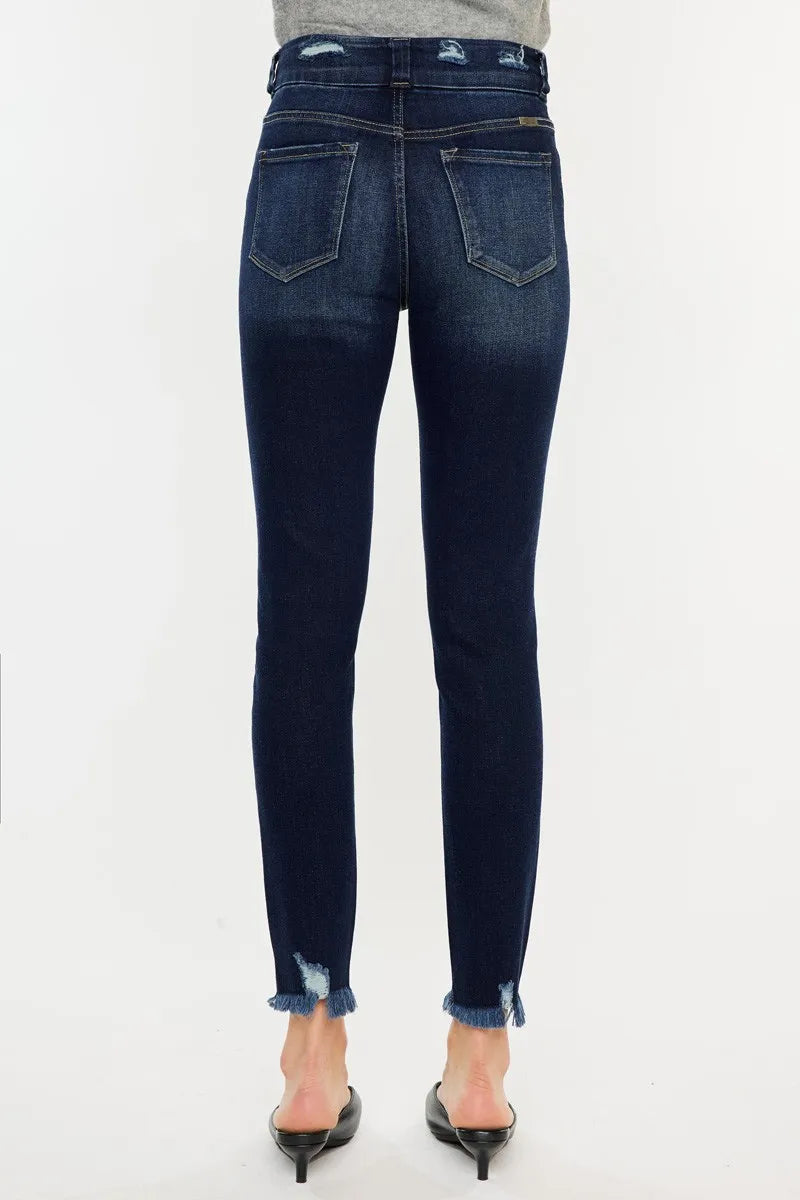 Womens dark denim high rise close up