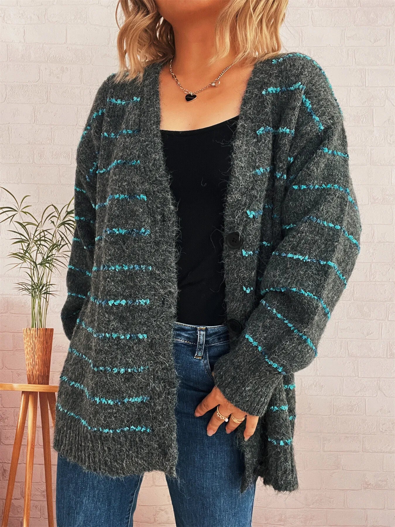 Striped Button-Up Cardigan with V-Neck Design - Fashorio