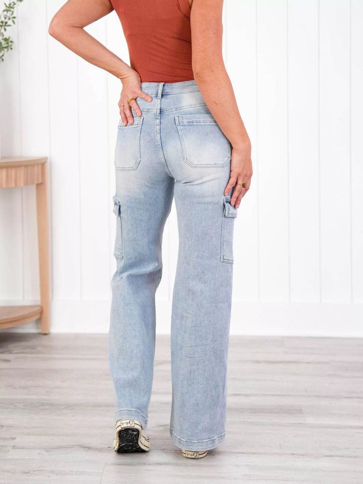 Plus size wide leg cargo jeans back view