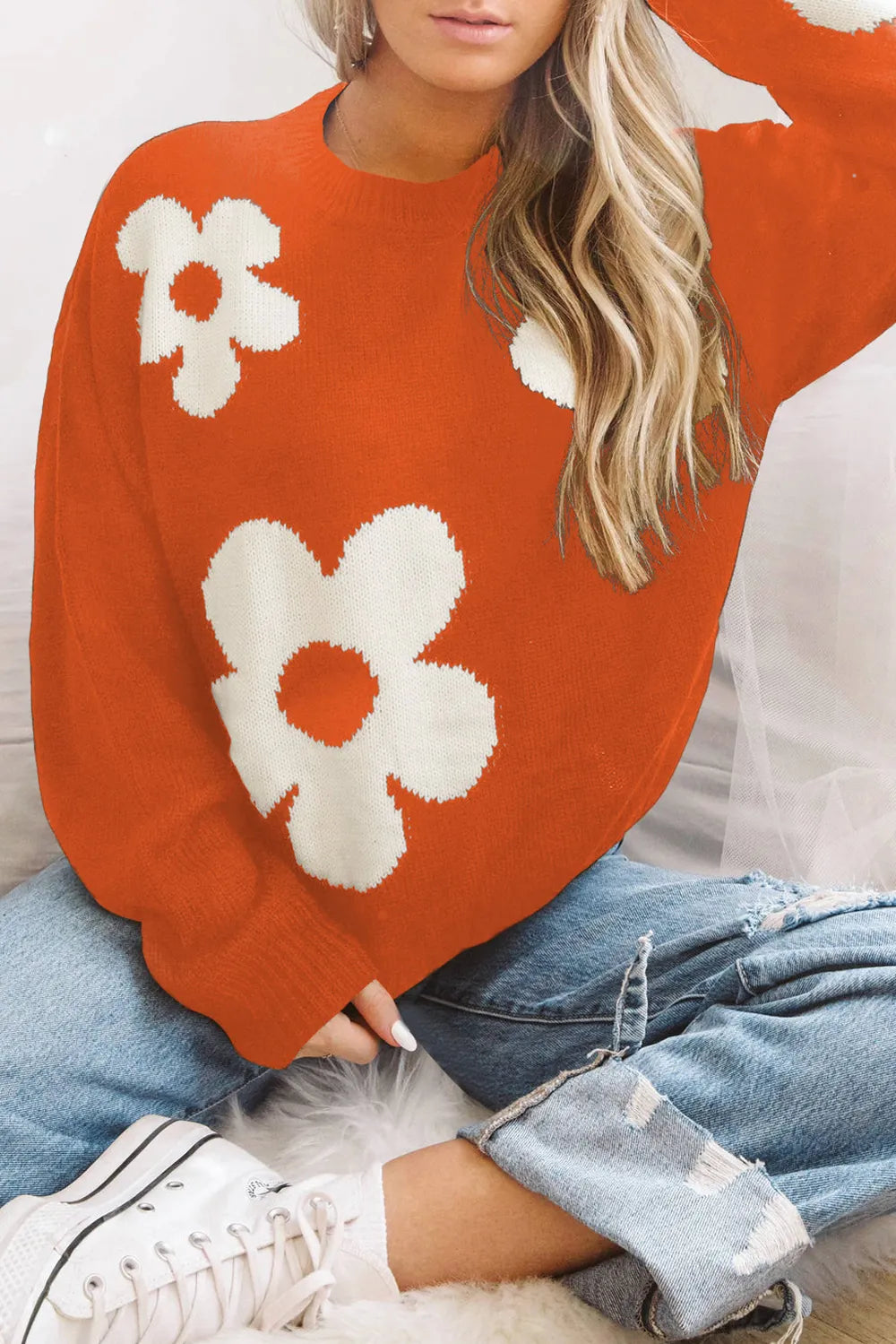 Round Neck Floral Pattern Color Contrast Design Long Sleeve Sweater Orange - Fashorio