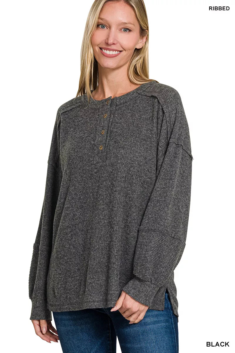 Ribbed Brushed Hacci Henley Sweater Plus Size in Black back view
