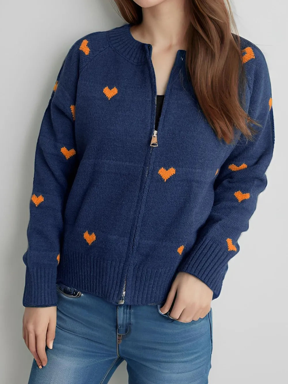 Heart Round Neck Zip Up Cardigan - Fashorio