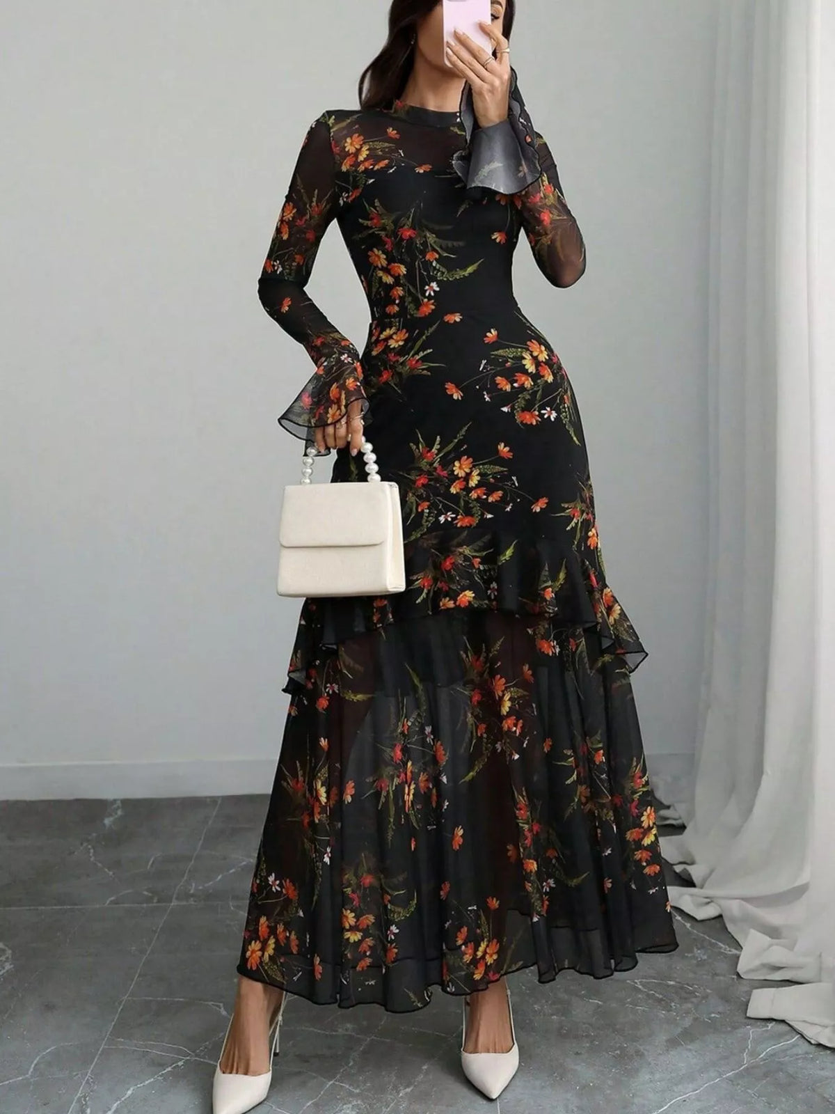 Floral flounce sleeve mermaid maxi dress, close up fabric detail