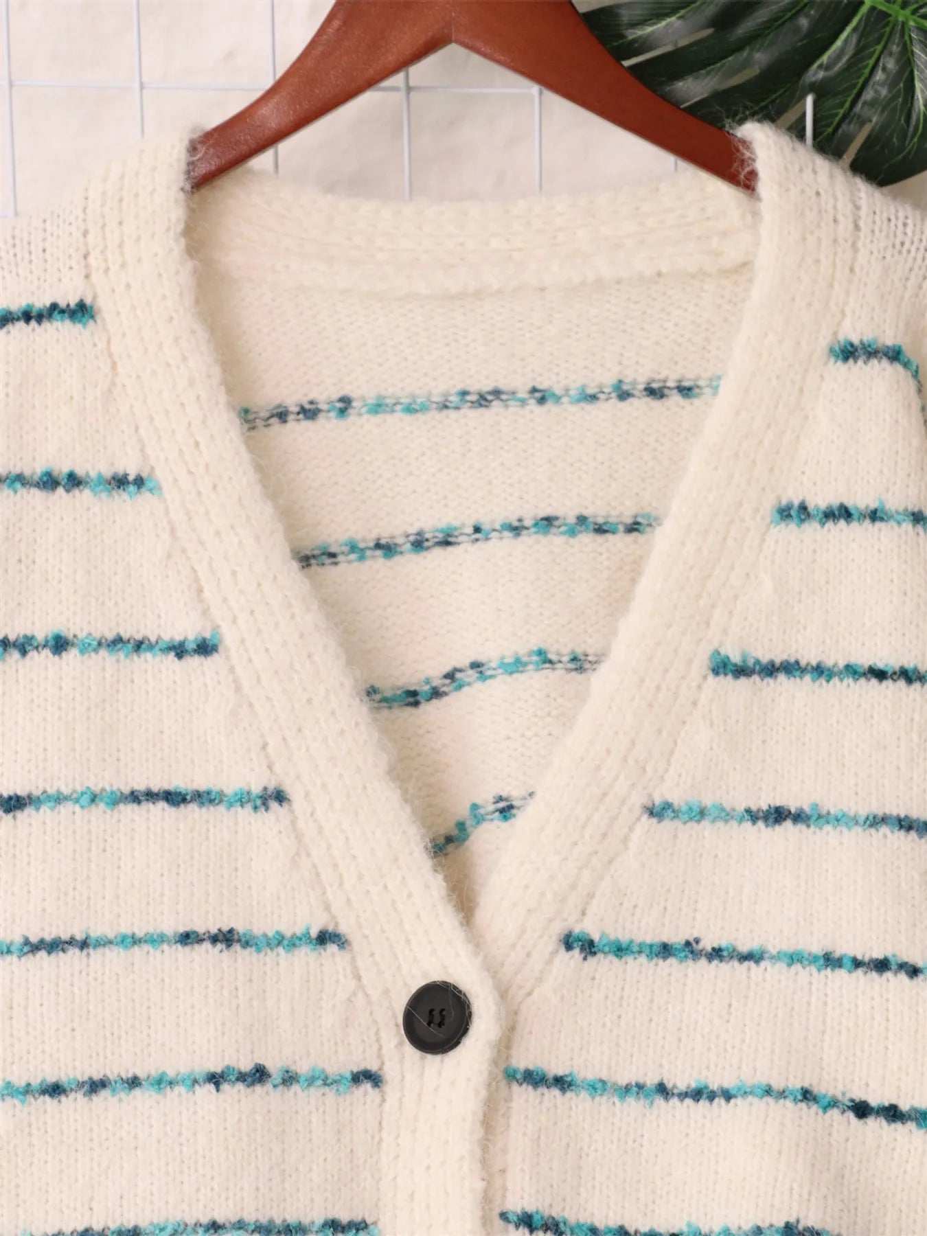 Striped Button-Up Cardigan with V-Neck Design - Fashorio