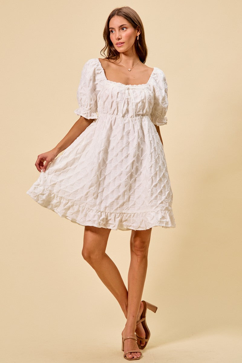 Textured Ruched Bust Mini Dress in Off White view 9