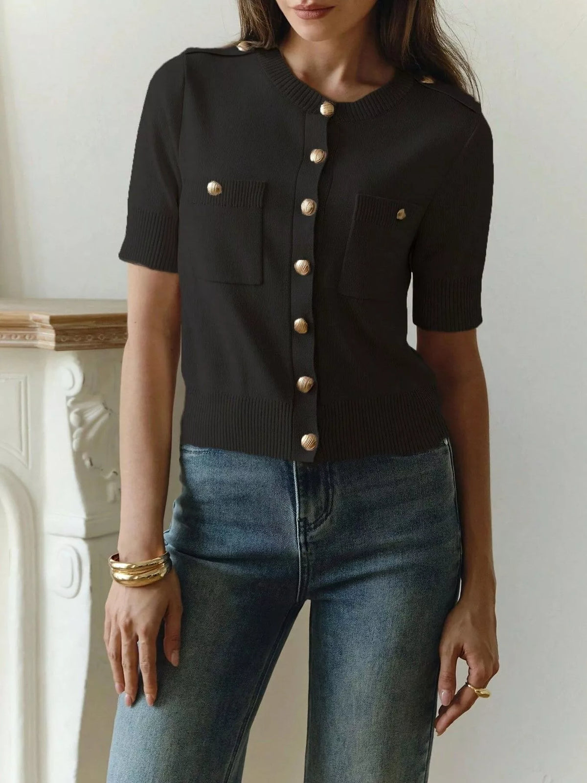 Short sleeve button down cardigan back