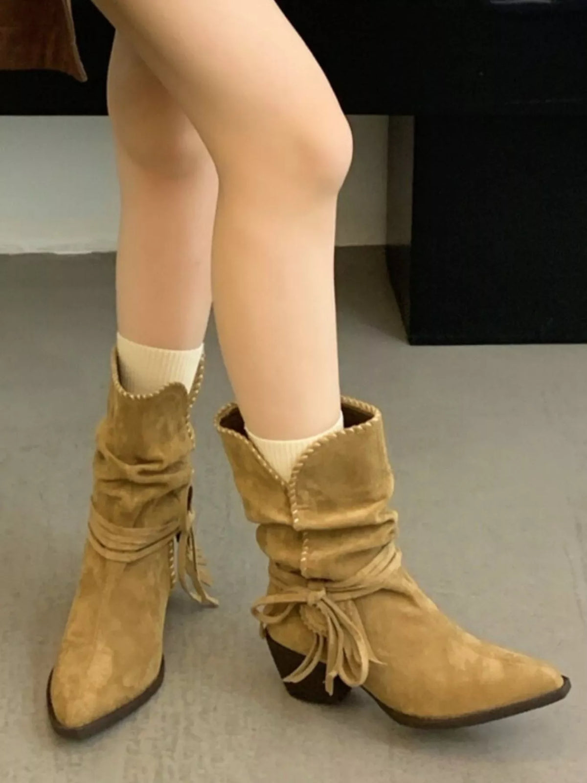 point toe block heel boots tan back view