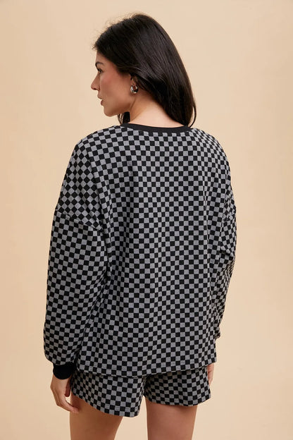 Annie Wear Checkered Round Neck Top and Drawstring Shorts Set - Fashorio