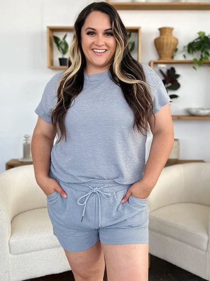 Double Take Full Size Texture Short Sleeve T-Shirt and Drawstring Shorts Set - Fashorio