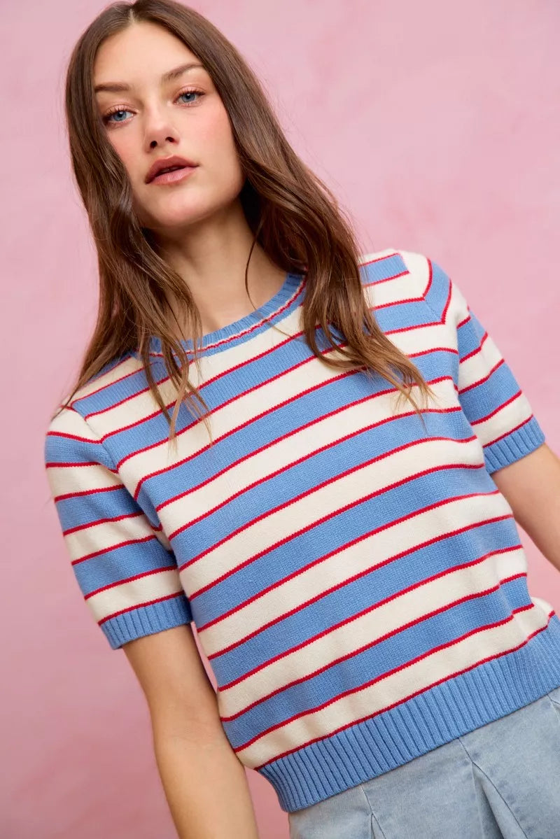Striped crew neck sweater top on model