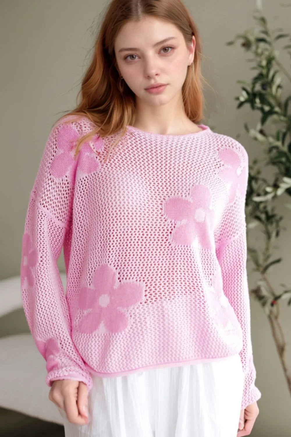 Round neck floral knit open front cover up