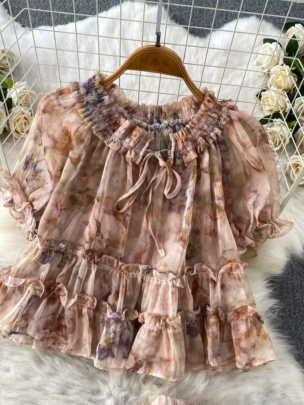 Floral Ruffle Hem Blouse and Skirt Set, view 23