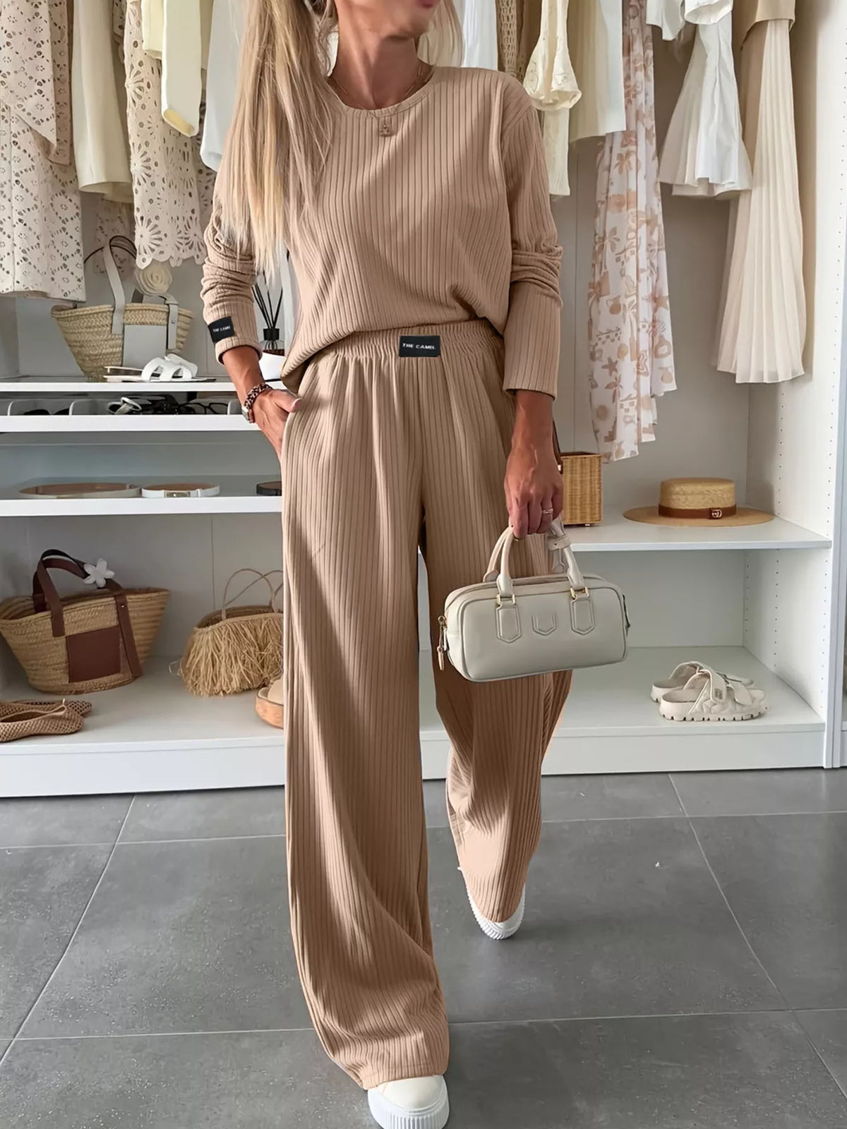 Ribbed knit round neck top and pants set front view