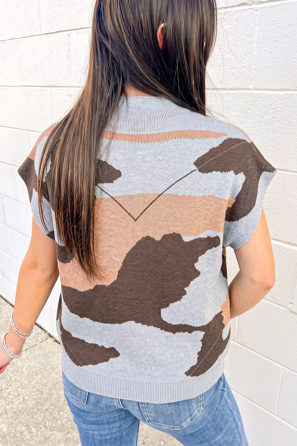Camouflage High Neck Short Sleeve Sweater back view