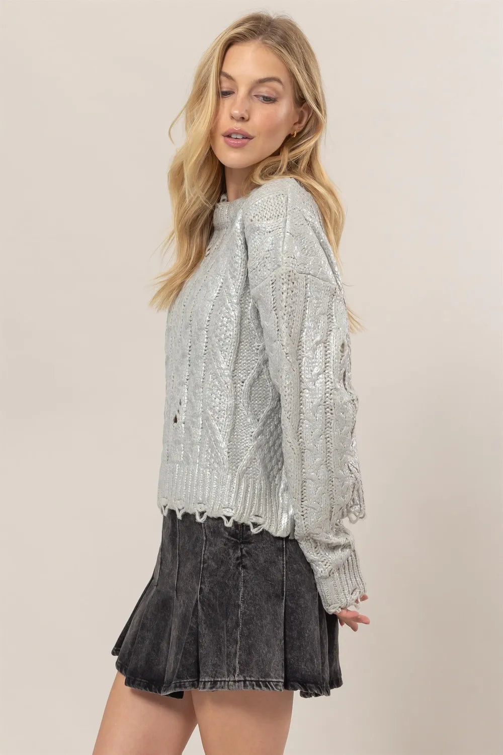 Distressed Cable Knit Round Neck Sweater in Silver side view