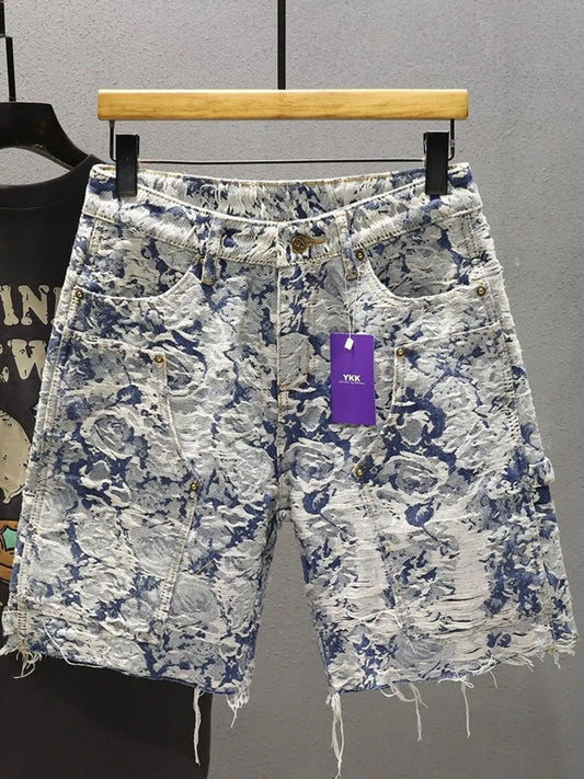 Men's Frayed Hem Denim Shorts Blue - Fashorio