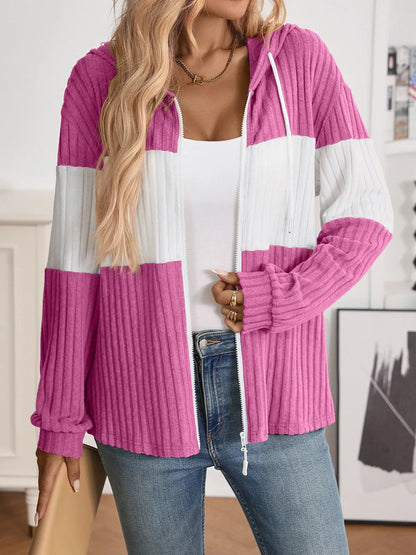 Drawstring Color Block Zip Up Outerwear - Fashorio