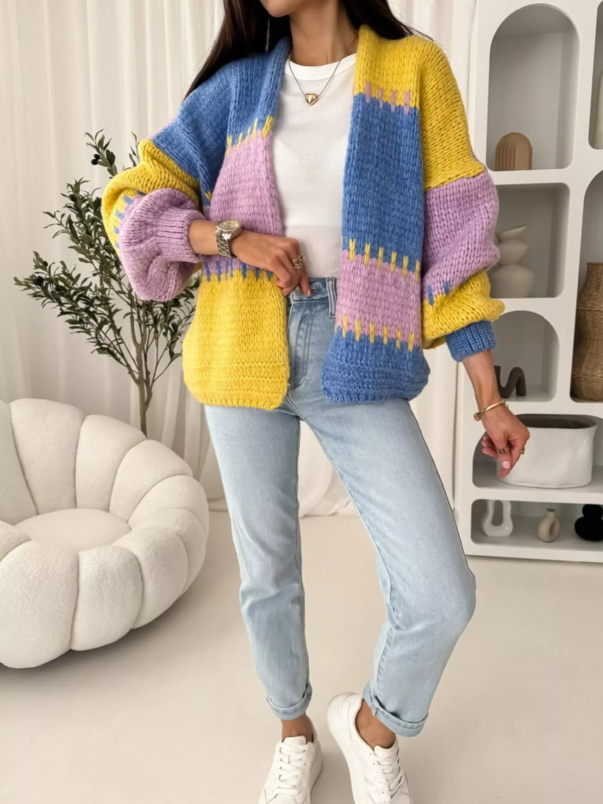 Color block open front cardigan side view