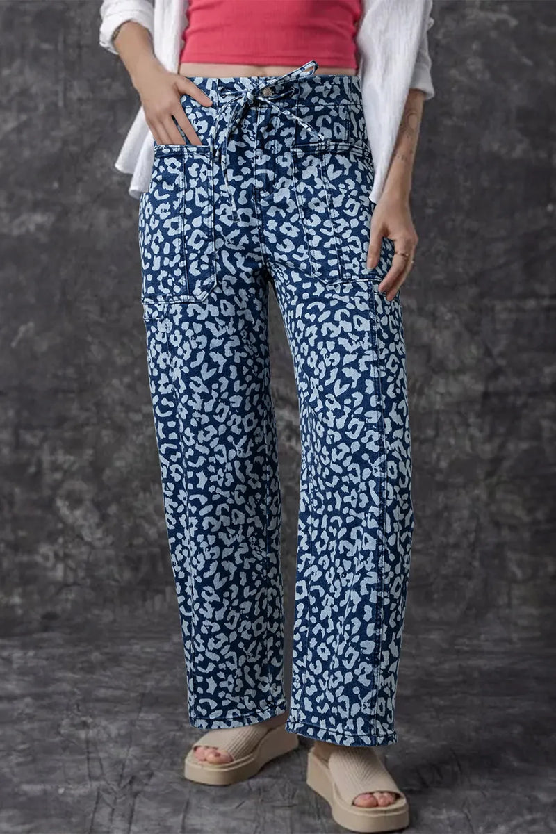 Leopard print wide leg drawstring jeans front view