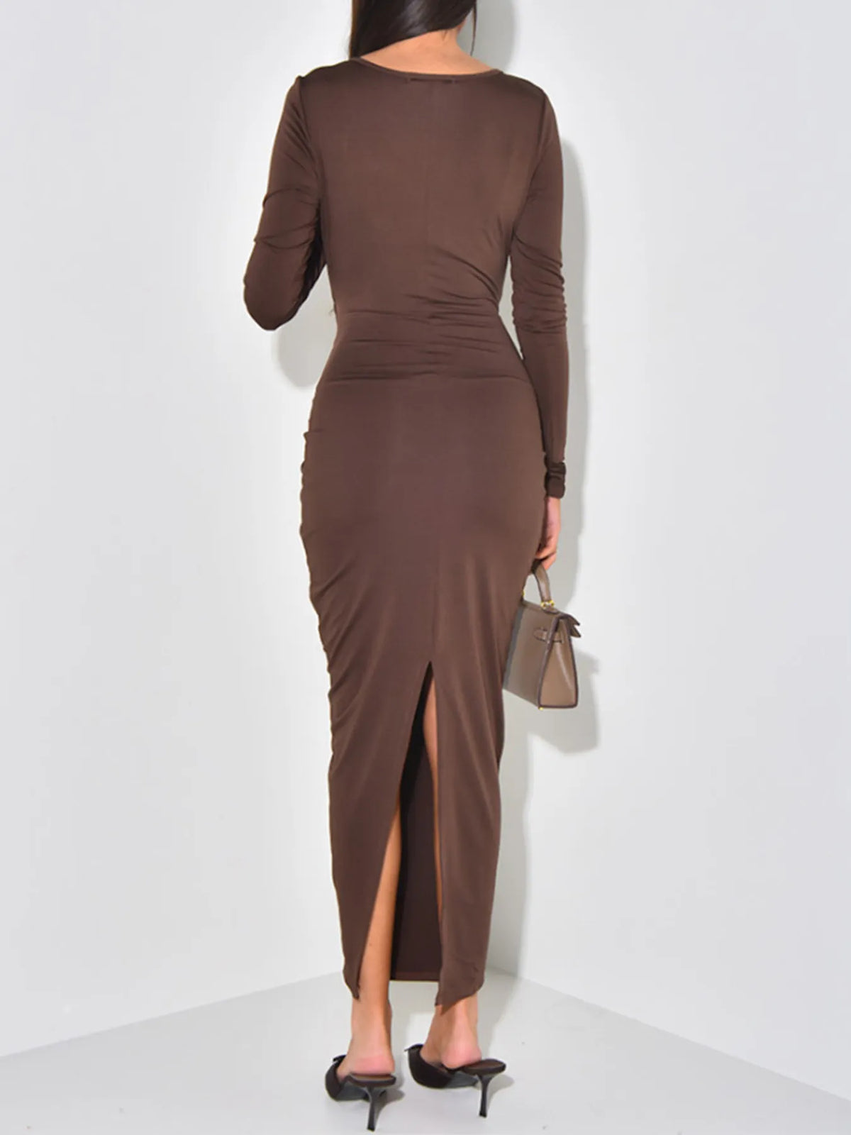 Long sleeve tie front bodycon maxi dress, detail of neckline