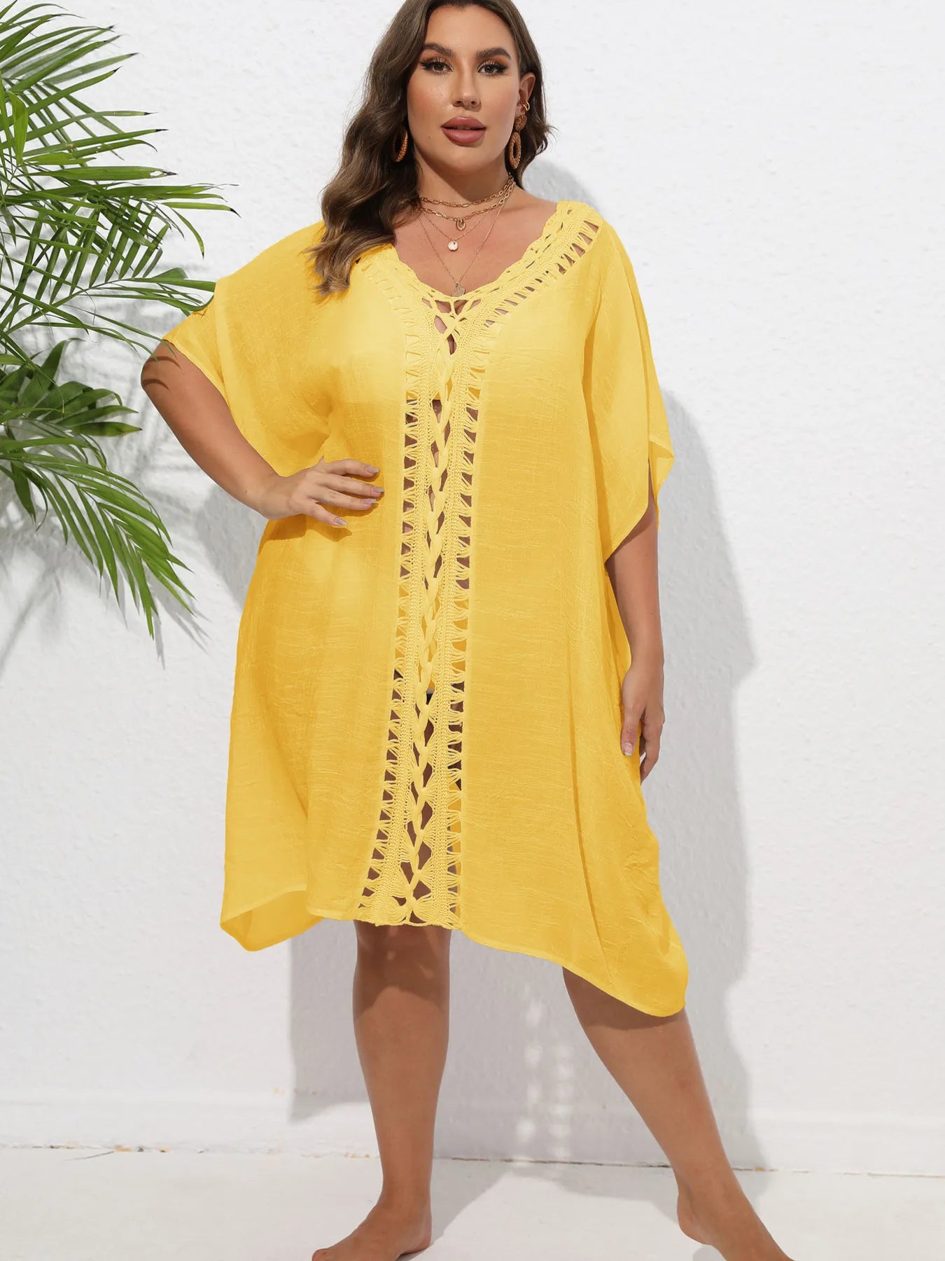 Crochet Trim V-Neck Beach Cover Up Dress - Fashorio