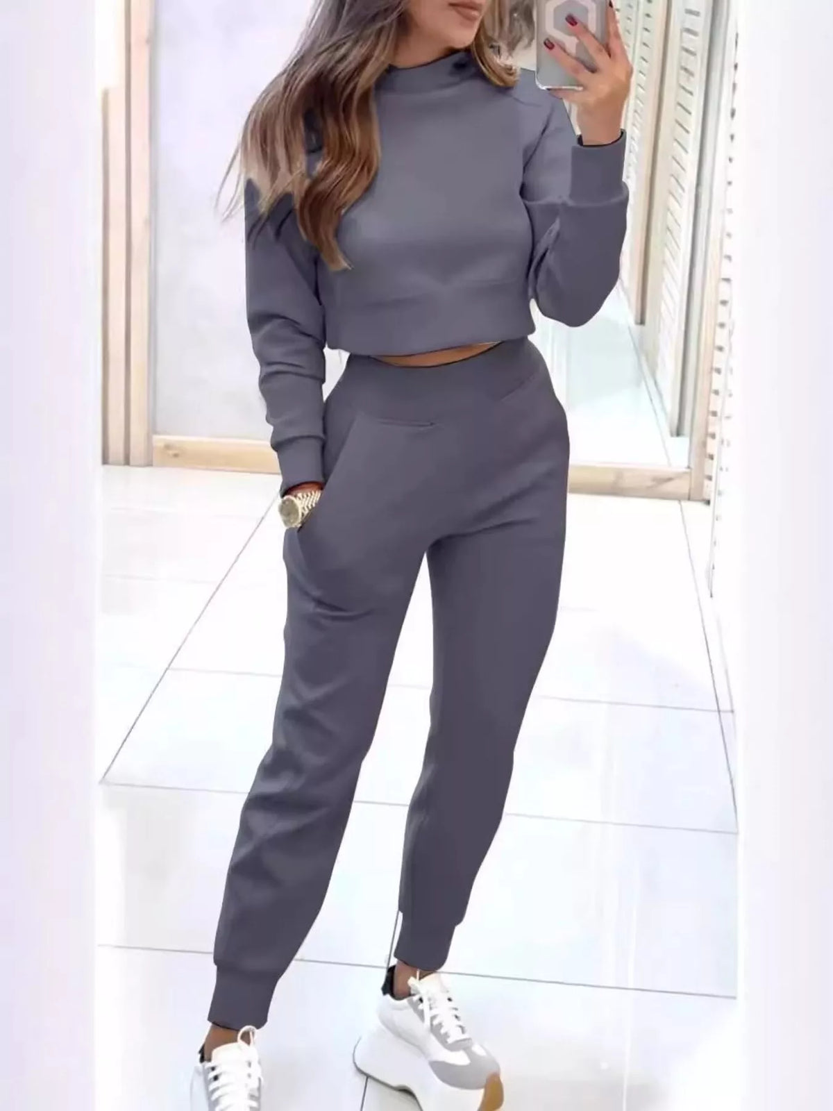 Casual Chic Cropped Sweatshirt and Jogger Set, view 7