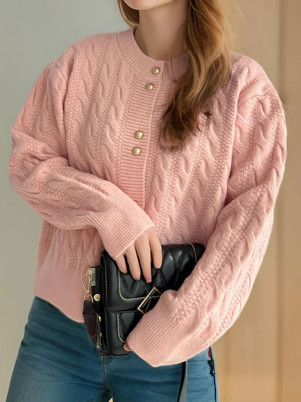 Cable-Knit Round Neck Long Sleeve Cardigan - Fashorio