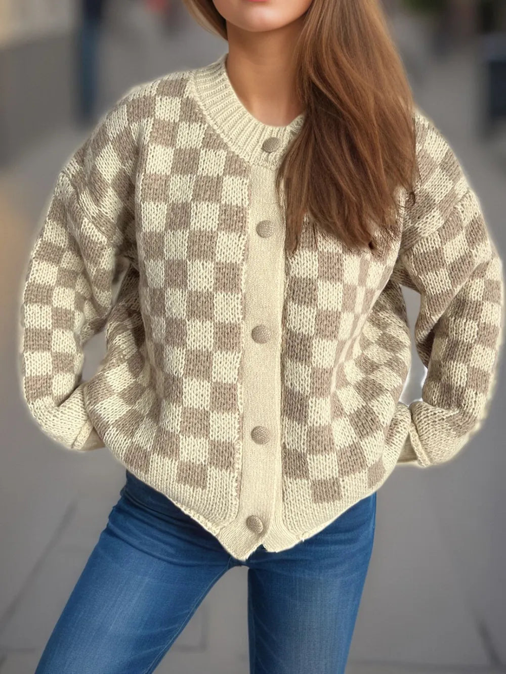 Checkered Button Up Round Neck Cardigan Taupe One Size - Fashorio