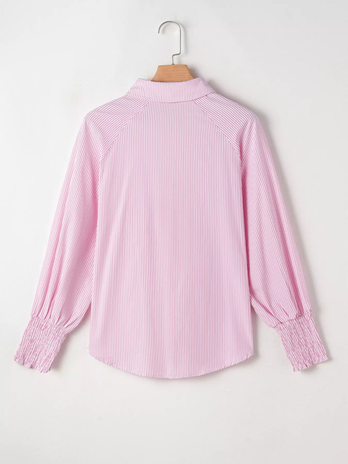 Pinstripe blouse shown in a soft pink colorway