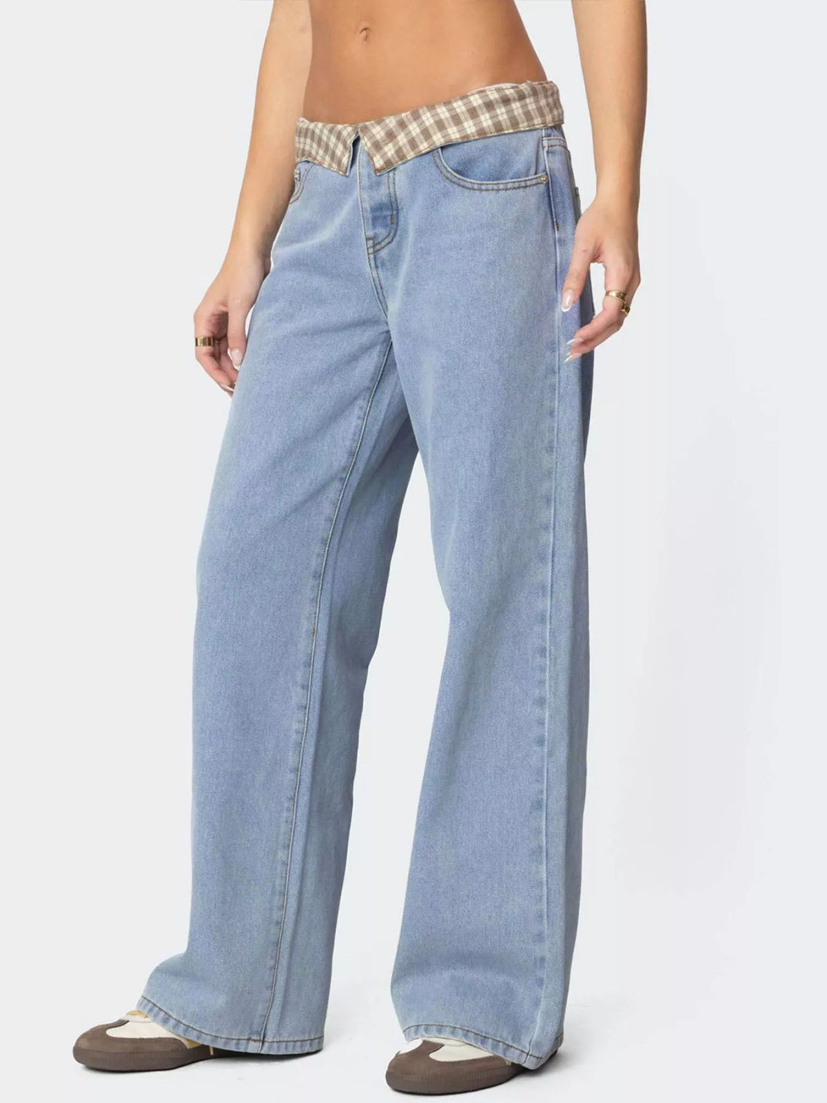 Plaid trim denim side view
