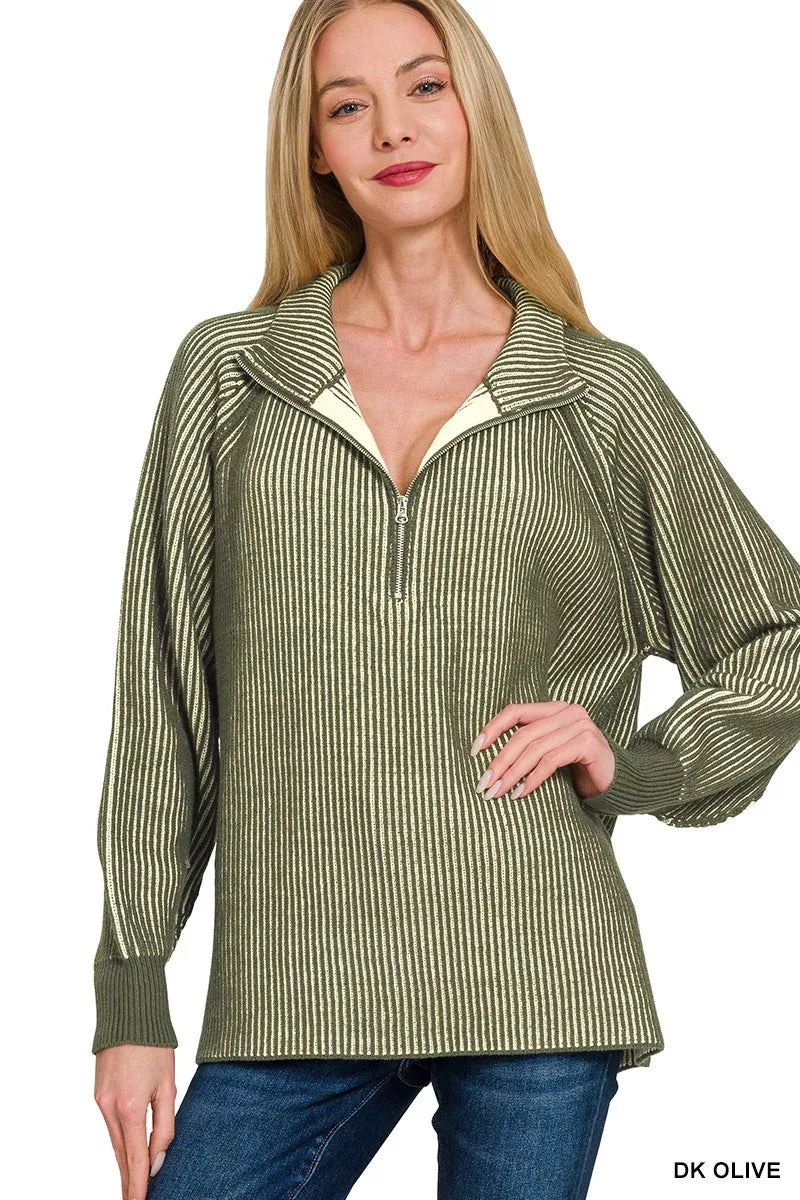 Ribbed Two Tone Half Zip Sweater in Olive back view