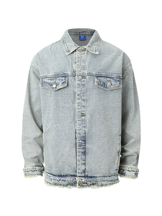 Men's Raw Hem Long Sleeve Denim Jacket Nostalgia Light Blue - Fashorio