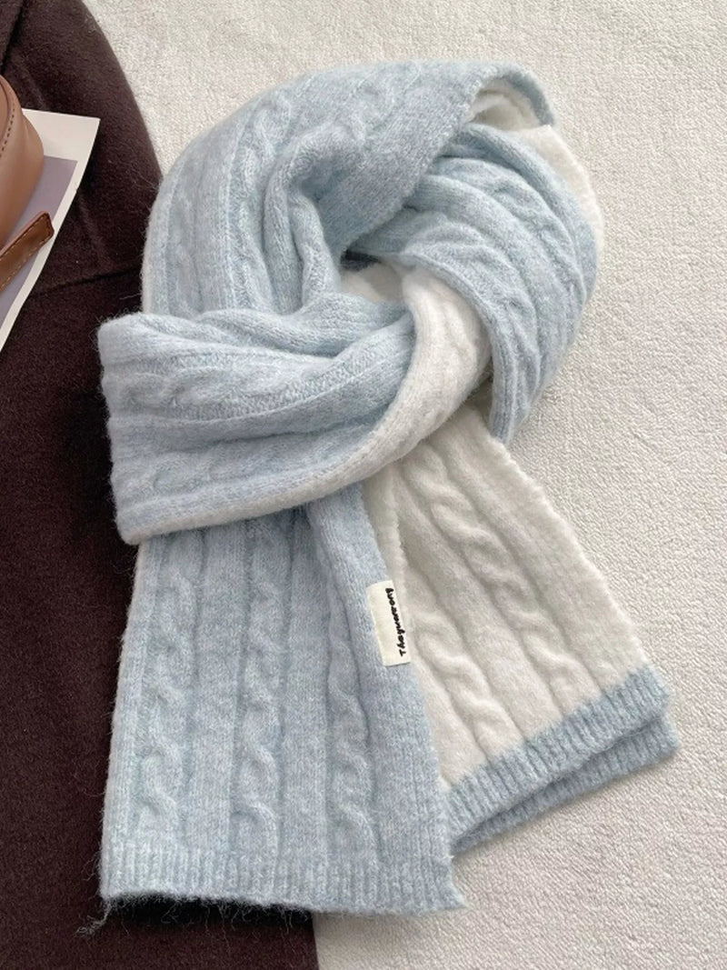 Two tone cable knit warm scarf in wool blend