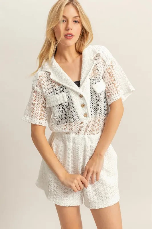White crochet button front short sleeve romper front view