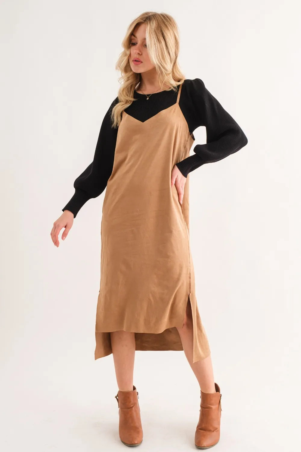 Faux Suede Cut Edge Slit Cami Midi Dress styled look