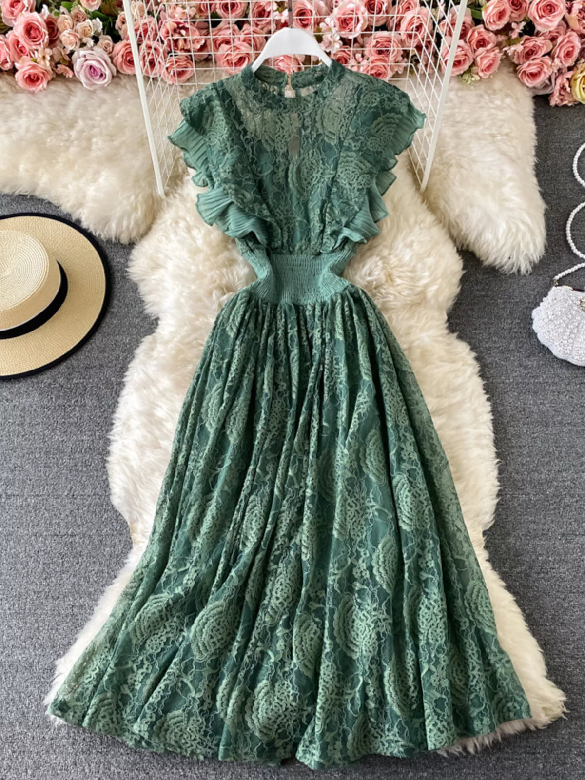 Ruffled mock neck lace maxi dress, back view