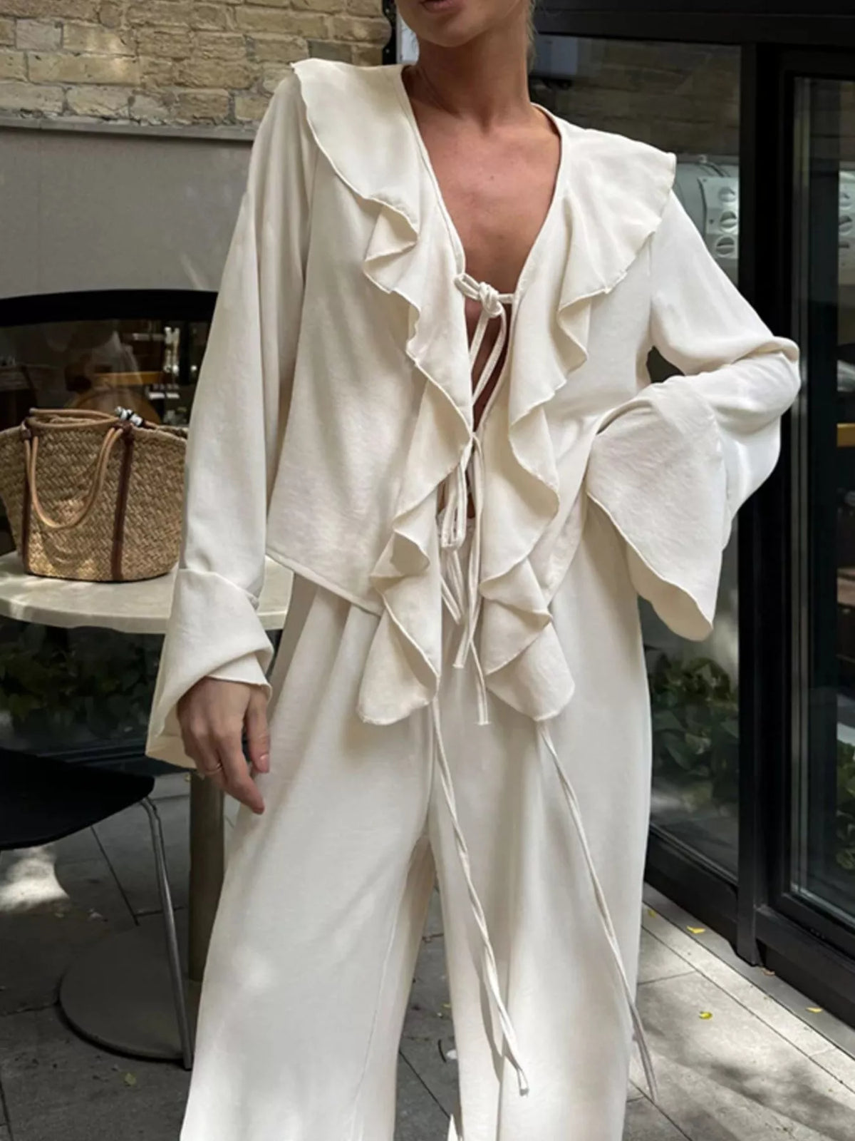 Ruffle tie front top and pants set full look