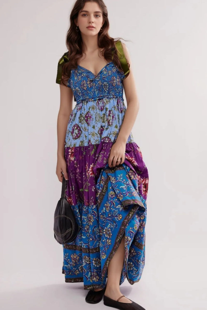 Floral tiered mixed print maxi dress front view