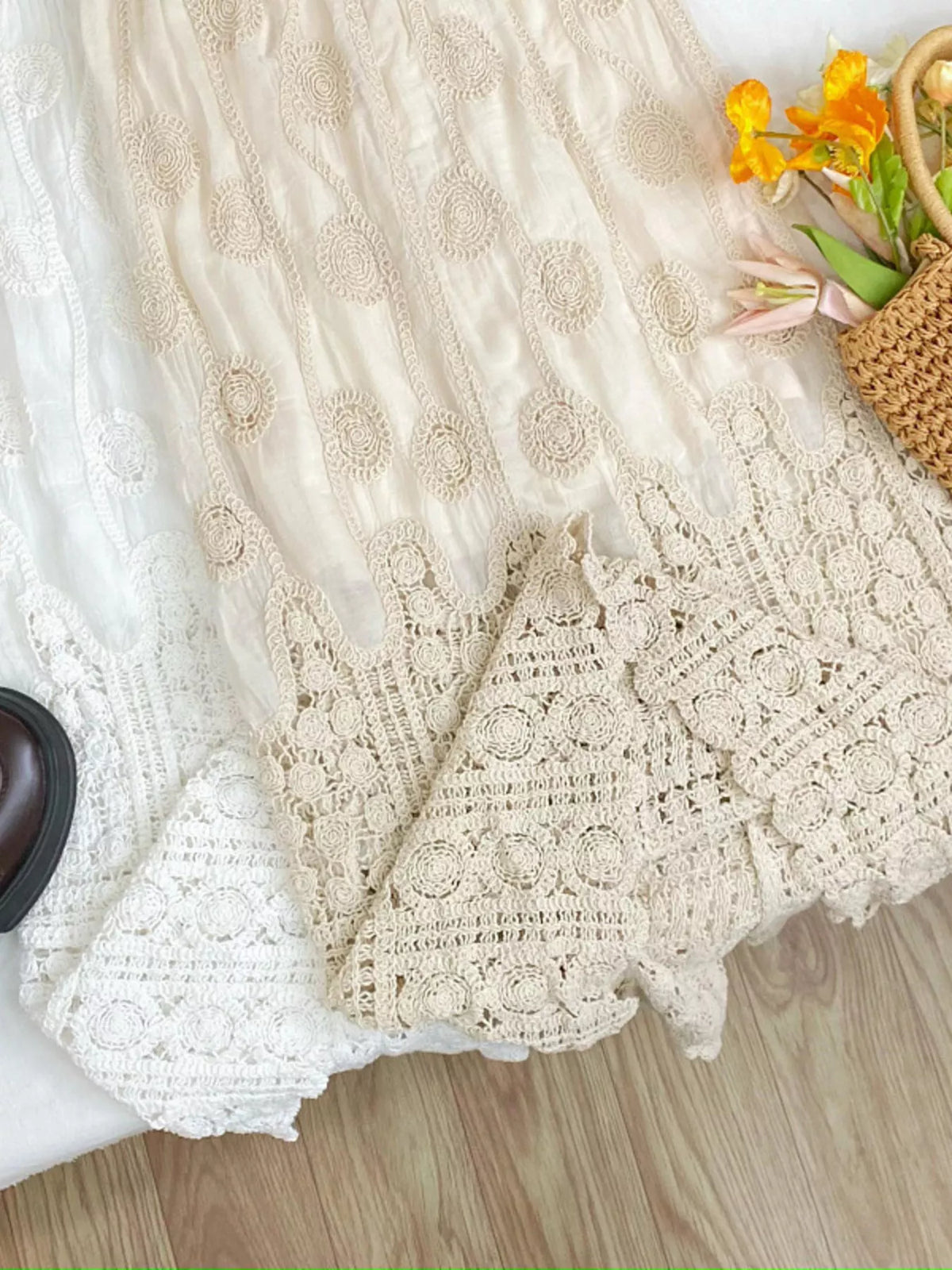 Lace elastic waist midi skirt, styled on model