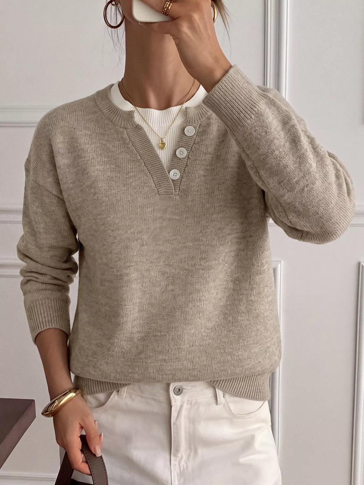 Button Detail Drop Shoulder Long Sleeve Sweater styled look