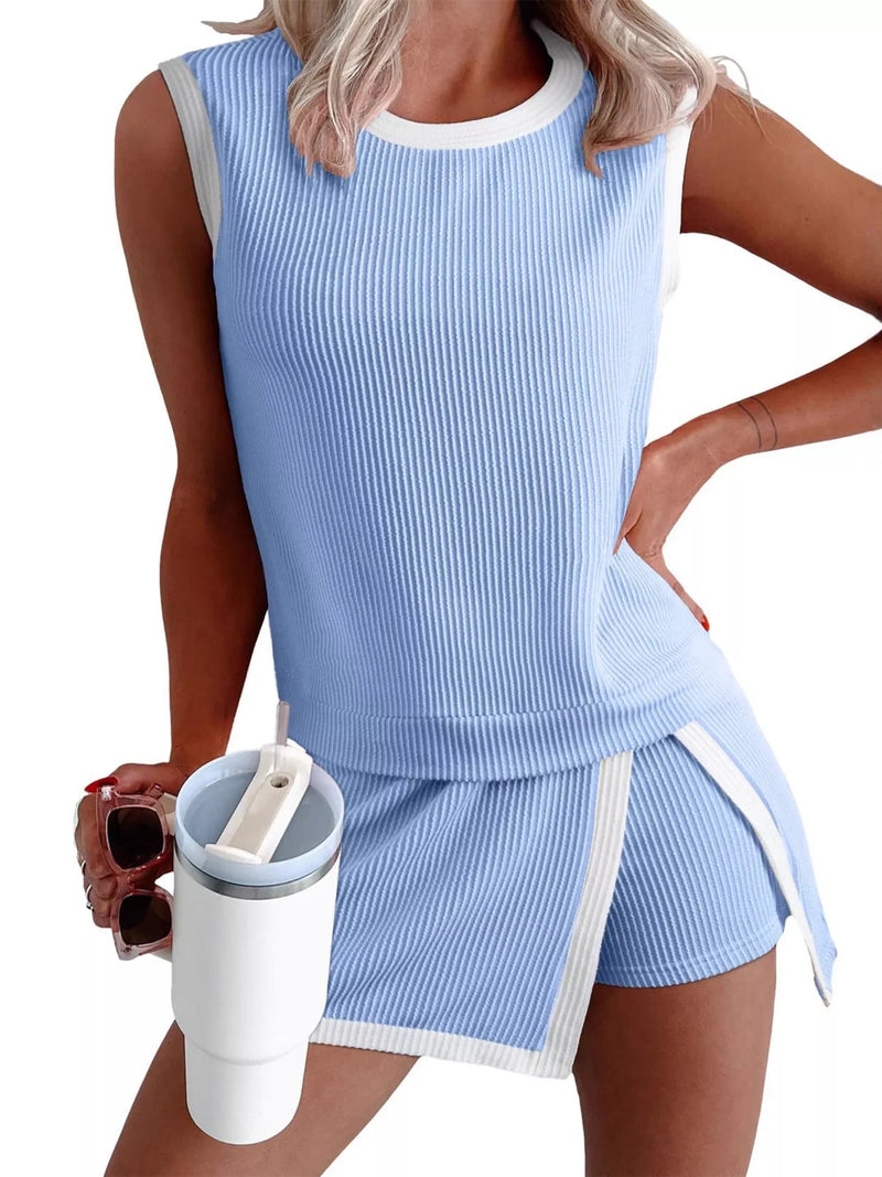 Ribbed knit sleeveless top and skort set front view