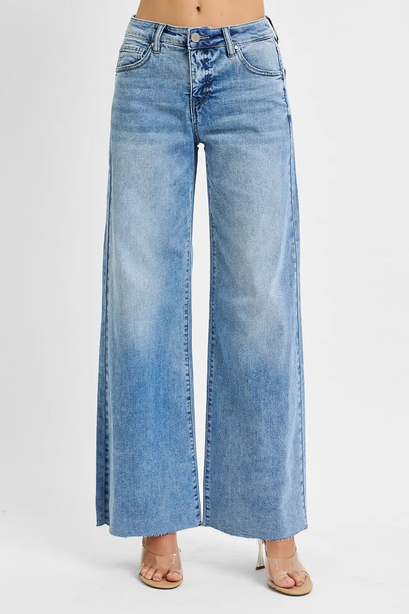RISEN high rise palazzo jeans in light blue wash front view