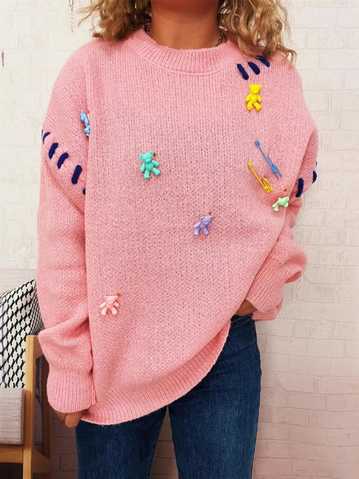 bear applique round neck sweater styled full outfit