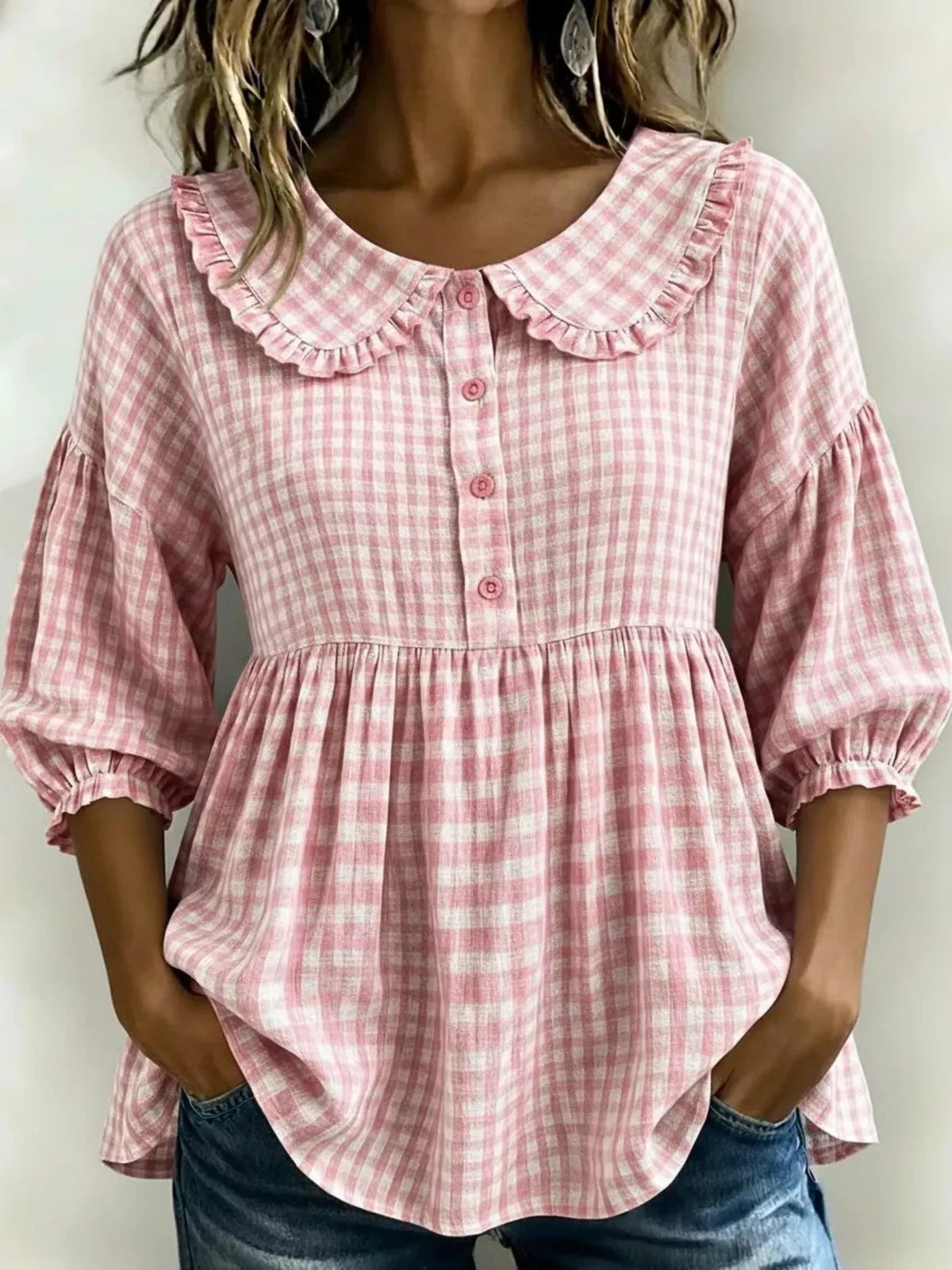 Pink gingham blouse front view