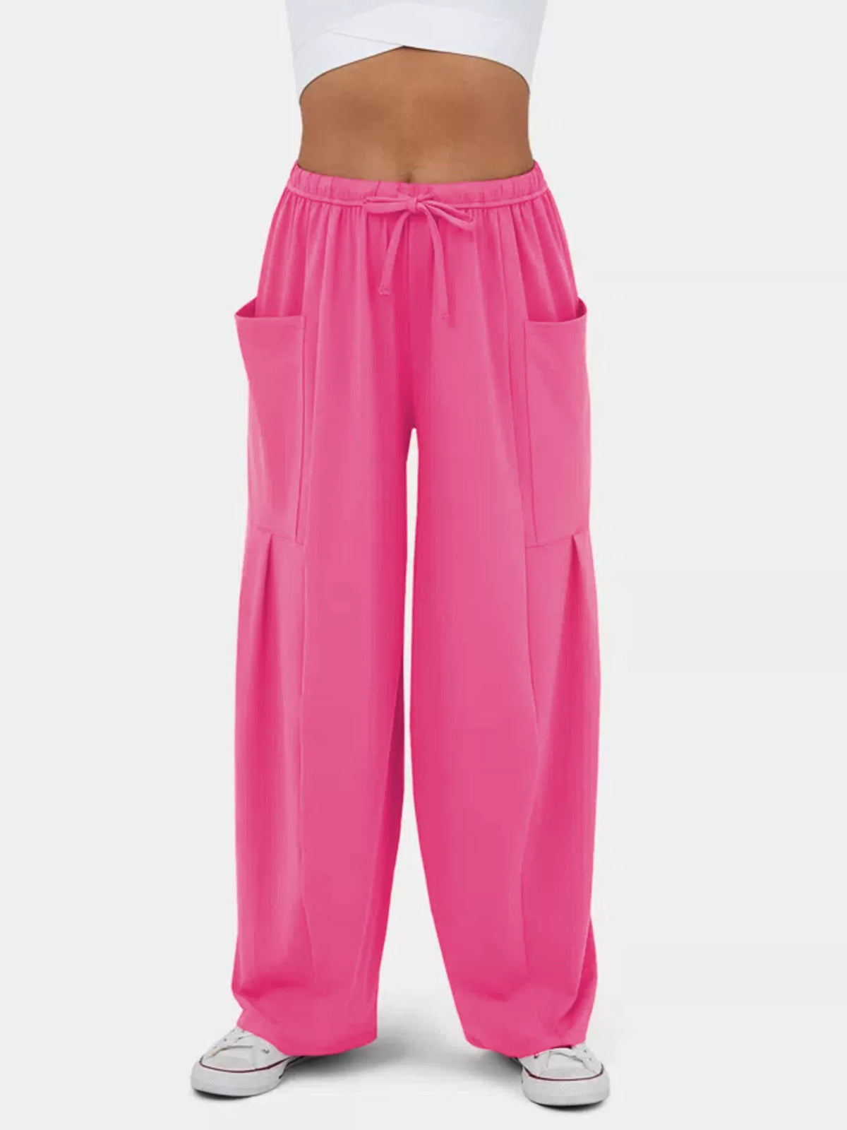 High waisted wide leg drawstring pants detail view