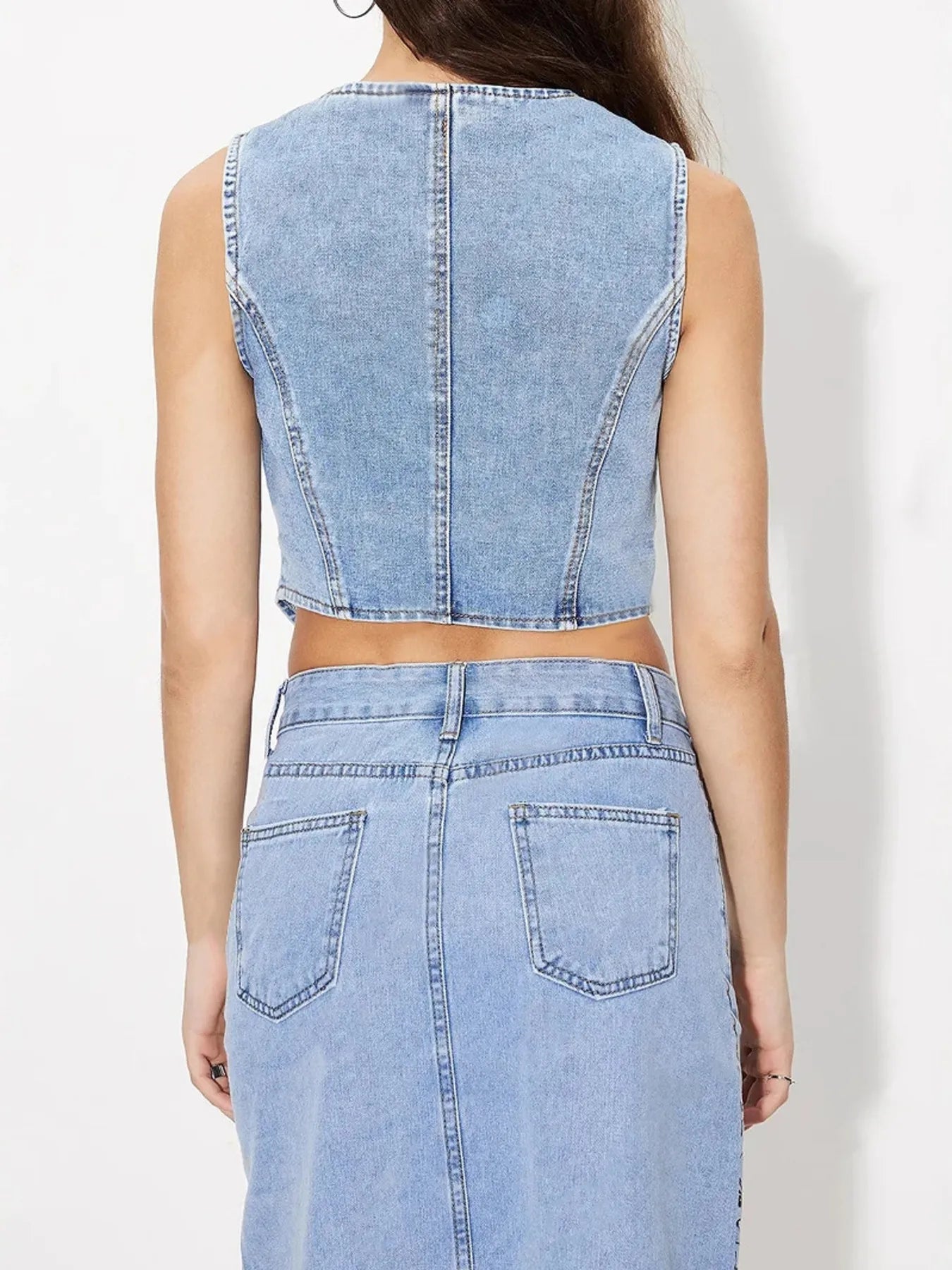 Button-Up Sleeveless Denim Vest - Fashorio