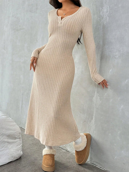 Ribbed Long Sleeve Knit Dress - Fashorio